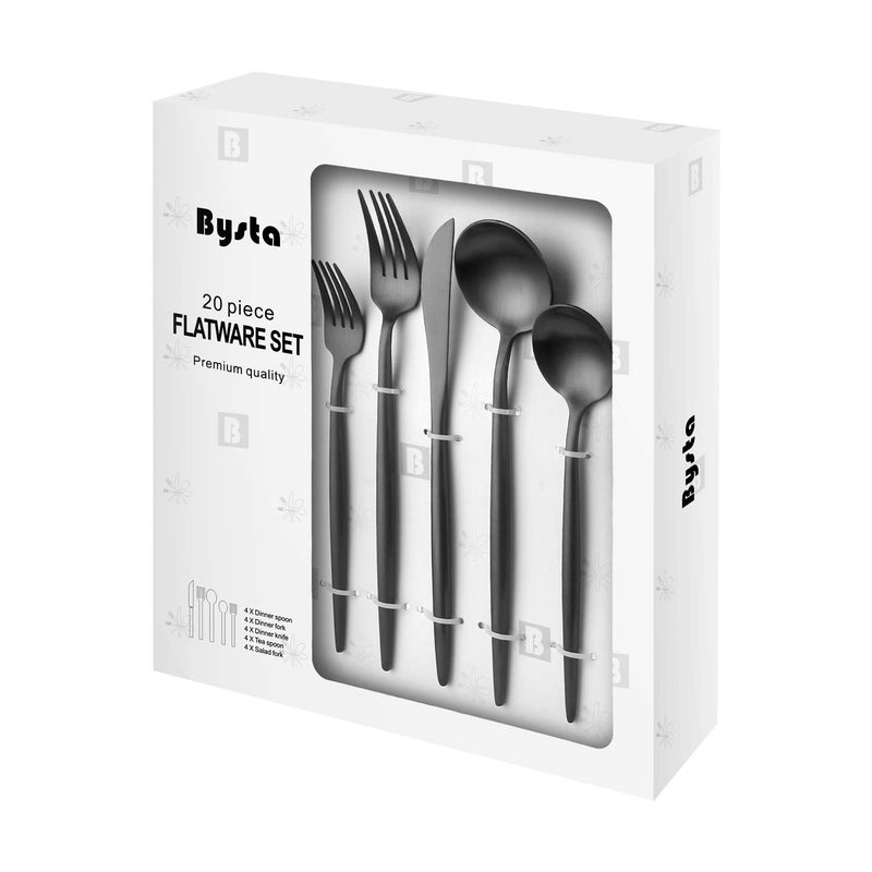 Bysta Matte Black Silverware Set, Bysta 20-Piece Stainless Steel Flatware Set Cutlery Set Service For 4, Satin Finish, Dishwasher Safe, Nice Gift Box - Image 1